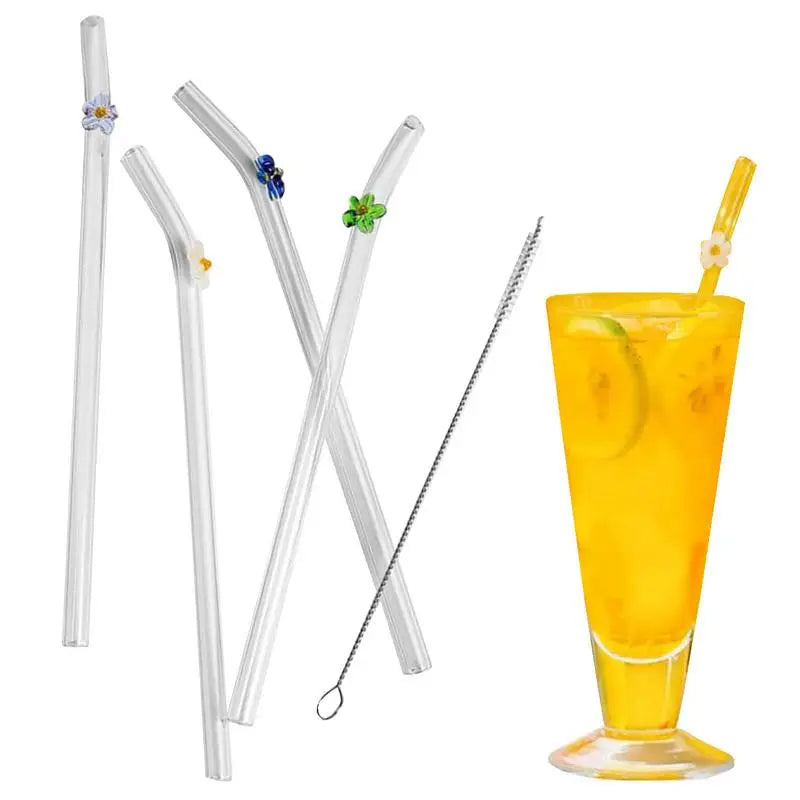 Reusable Glass Straws Shatter Resistant Bend Straws With Cleaning Brush For Drinks suit for Cocktail Milkshake Juice